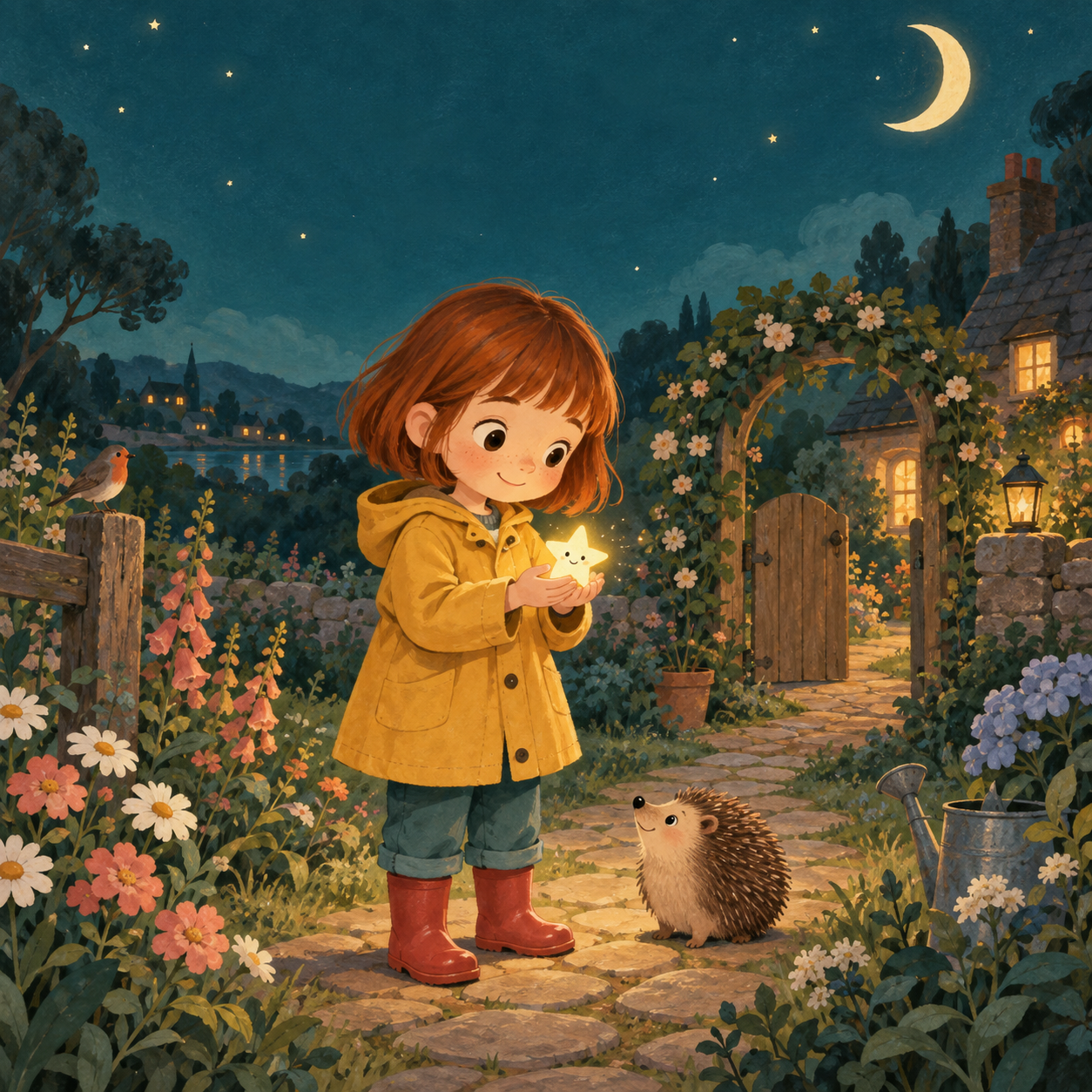 Sample illustration of a child holding a little star in a twilight garden